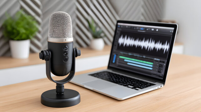Modern podcast setup with dynamic microphone and open laptop displaying audio editing software on wooden desk, home studio environment, clean and organized workspace