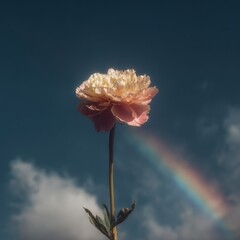 Ethereal peach peony in soft light against dark blue sky with rainbow evoking calm beauty and spring vibe