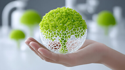 Green algae bioplastic packaging, eco friendly material, sustainable design, innovative texture, modern biodegradable product, held in hand, environmental focus