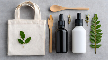 Eco friendly travel essentials flat lay with reusable cotton bag, wooden cutlery, glass dropper bottles, and green leaves on gray background, promoting sustainable lifestyle choices