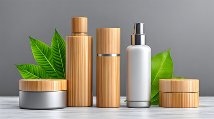 Fototapeta premium Eco friendly skincare products with bamboo packaging, green leaves, and minimalist design on marble surface, promoting natural beauty and sustainability