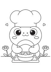 Coloring book frog chef cooking with big pot.