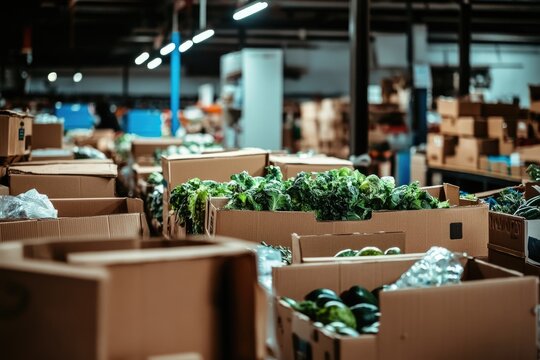 Cardboard boxes filled with fresh produce in a large warehouse