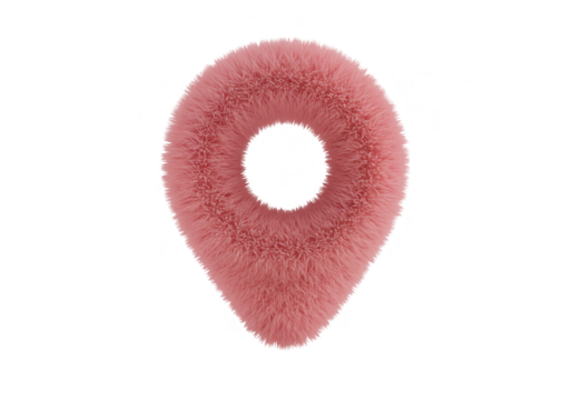 A soft pink fluffy location pin, a 3d rendering, is isolated on transparent background, ideal for mapping and navigation applications