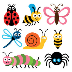 Cute cartoon insect collection vector illustration with ladybug bee and butterfly