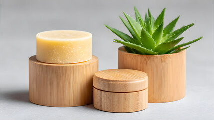 Sustainable shampoo bar bamboo container aloe vera plant minimalist style natural skincare eco friendly modern bathroom organic product clean fresh