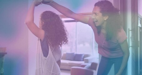 Girl entering living room, greeting mother with elbow tap then twirling as floating hearts for tech