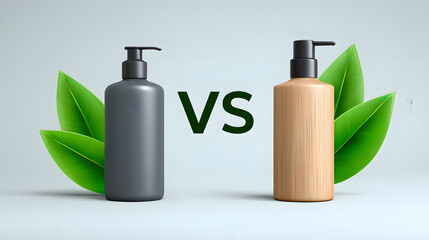 Eco friendly product packaging comparison with black plastic bottle and bamboo bottle, green leaves, sustainable concept, minimal background, environmental awareness