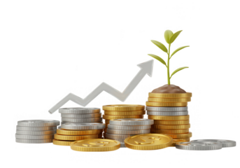 Stacks of gold and silver coins with a growing plant and an upward arrow, isolated on transparent background