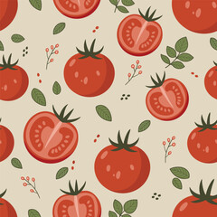 Seamless Tomato and Leaf Pattern – Fresh Red Vegetables with Green Leaves in Flat Vector Style .