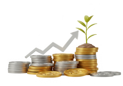 Stacks of gold and silver coins with a growing plant and an upward arrow, isolated on transparent background - Powered by Adobe