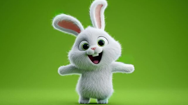 Animated white rabbit character with big eyes and a happy expression on a green background
