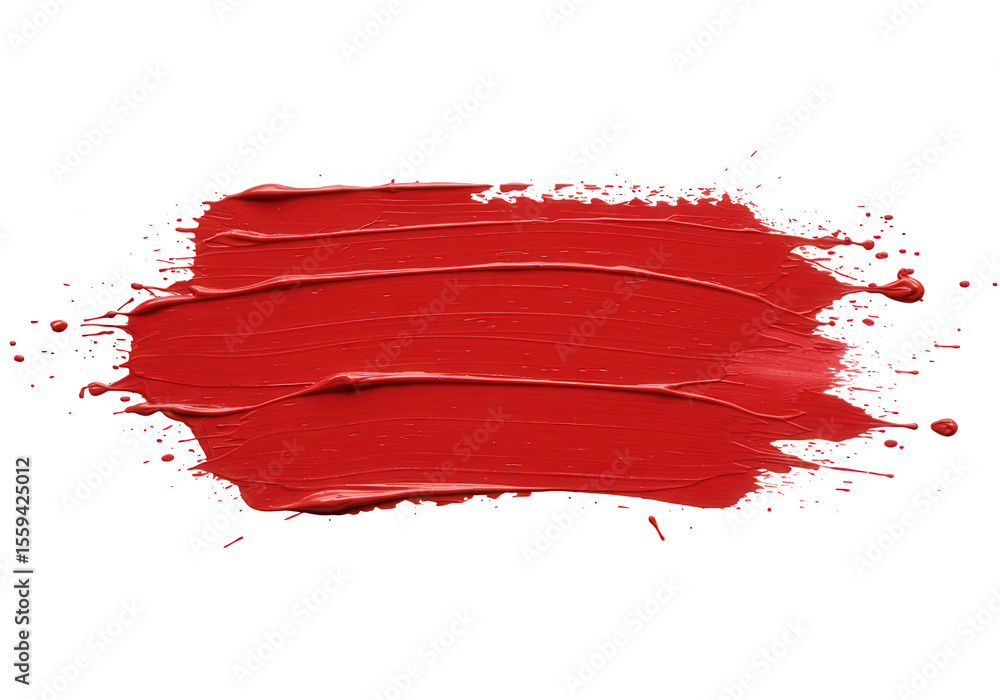 Poster a bold red paint stroke with visible brush texture and splatters creates a dynamic abstract design, 