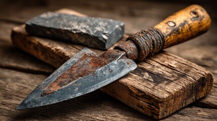 Rusty Metal Knife with Wooden Handle and Rough Stone on Rustic Table