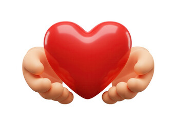 Fototapeta premium Two cartoon hands gently hold a shiny red heart, isolated on transparent background