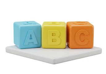 Three colorful abc blocks on a white platform, isolated on transparent background