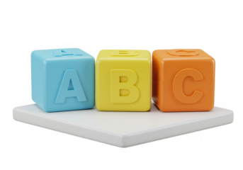 Three colorful abc blocks on a white platform, isolated on transparent background