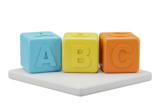 Three colorful abc blocks on a white platform, isolated on transparent background