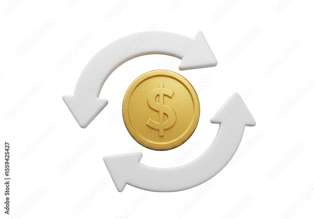Poster a gold dollar coin is centered in a circular motion of white arrows isolated on transparent backgrou