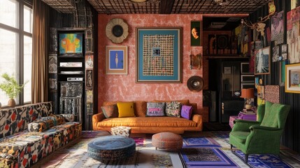 Colorful eclectic living room interior