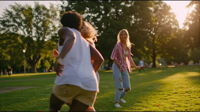 Friends enjoy a sunny afternoon playing catch in a vibrant park filled with greenery