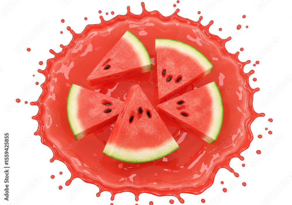 Poster five juicy watermelon slices arranged in a circle within a vibrant red juice splash isolated on tran
