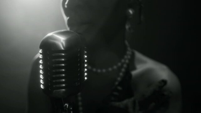 Black and white close up shot of unrecognizable Black woman singing to retro microphone on sin spotlight with focus on lips and hands moving