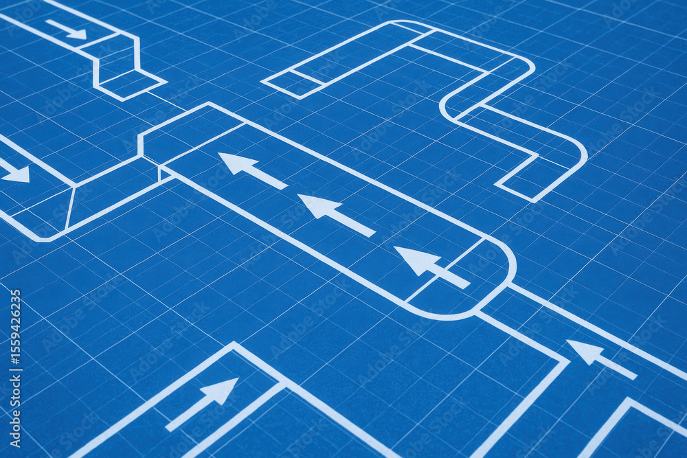 Poster blueprint of air duct system engineering design for industry ventilation and airflow management with