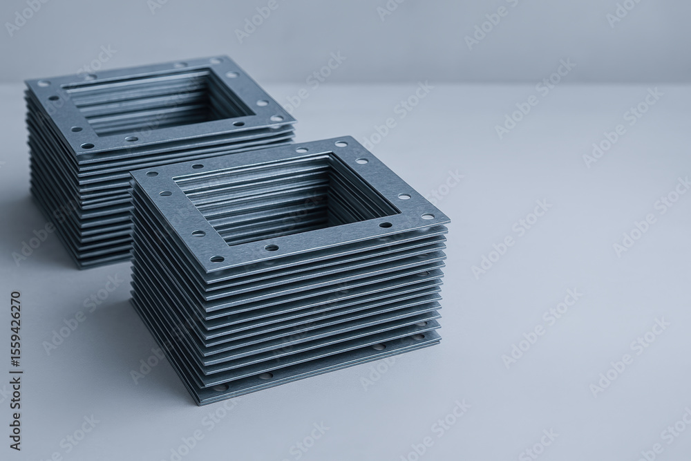 Poster metal air duct components stacked in engineering workshop for industry use with precise holes and sq