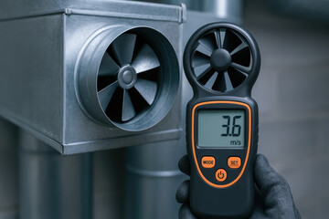 Engineering professional measures air velocity from metal duct using anemometer in industry environment ensuring proper airflow control