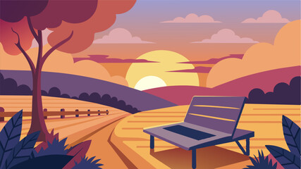 As the sun sets over the picturesque vineyard a laptop rests atop a sunwarmed stone bench the perfect spot for someone to enjoy the last bit of warmth and natural beauty while they. Vector