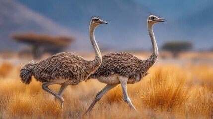 Pair of Striding Ostriches in Golden Grassland Under Clear Blue Sky