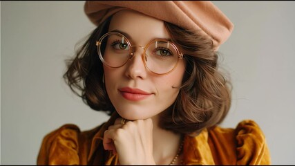 Stylish woman with glasses and a beret poses gracefully in a cozy setting