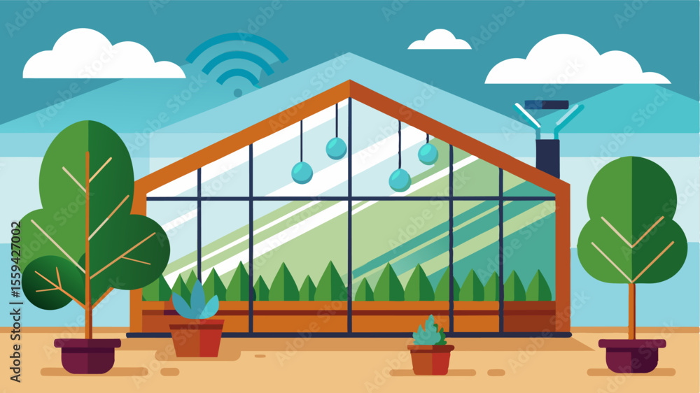 Aufkleber an illustration of a greenhouse equipped with smart irrigation technology constantly monitoring temp