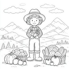 Happy Child Holding Fresh Vegetables in a Scenic Farm Landscape