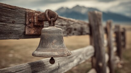 Obraz premium Vintage Metal Bell Hanging on Rustic Wooden Fence with Mountain Background