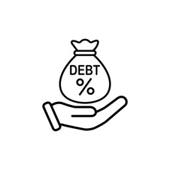 A line art icon depicting a hand holding a bag labeled 'DEBT' with a percentage symbol, symbolizing financial debt.