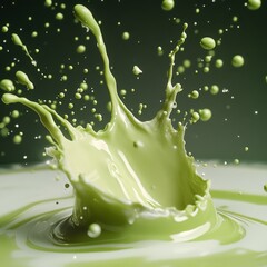 high-speed macro shot of vibrant green matcha tea and creamy white milk splashing directly onto the camera lens, fluid bursting outward with intense impact, droplets exploding across the frame