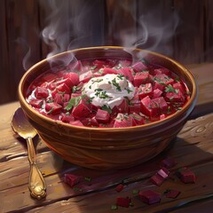 bowl of steaming borscht with sour cream, wooden table, cozy kitchen, realistic style, soft natural lighting, earthy red and beige tones, rule of thirds with bowl on right
