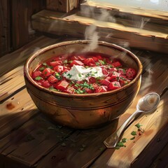 bowl of steaming borscht with sour cream, wooden table, cozy kitchen, realistic style, soft natural lighting, earthy red and beige tones, rule of thirds with bowl on right