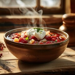 bowl of steaming borscht with sour cream, wooden table, cozy kitchen, realistic style, soft natural lighting, earthy red and beige tones, rule of thirds with bowl on right,