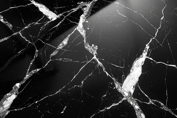 black marble pattern with fine white veins, glossy surface, plain background, hyper-realistic style, soft ambient lighting, neutral tones, centered composition with negative space around