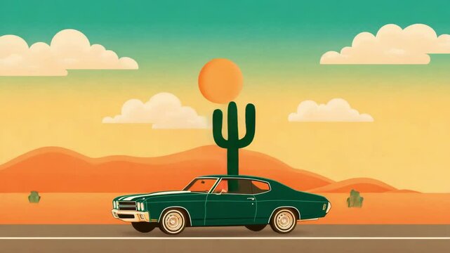 Precision Retro Classic Vintage Car Driving Through Desert Landscape with Blue Sky and Clouds
