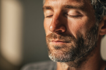 Close-up of a man meditating in lotus pose, eyes closed, focused expression
