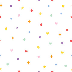 Cute Seamless Pattern with Colorful Hearts Stars and Doodles on White Background. Illustration vector 10 eps.