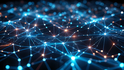 Obraz premium A vibrant abstract network of glowing blue and orange dots connected by lines