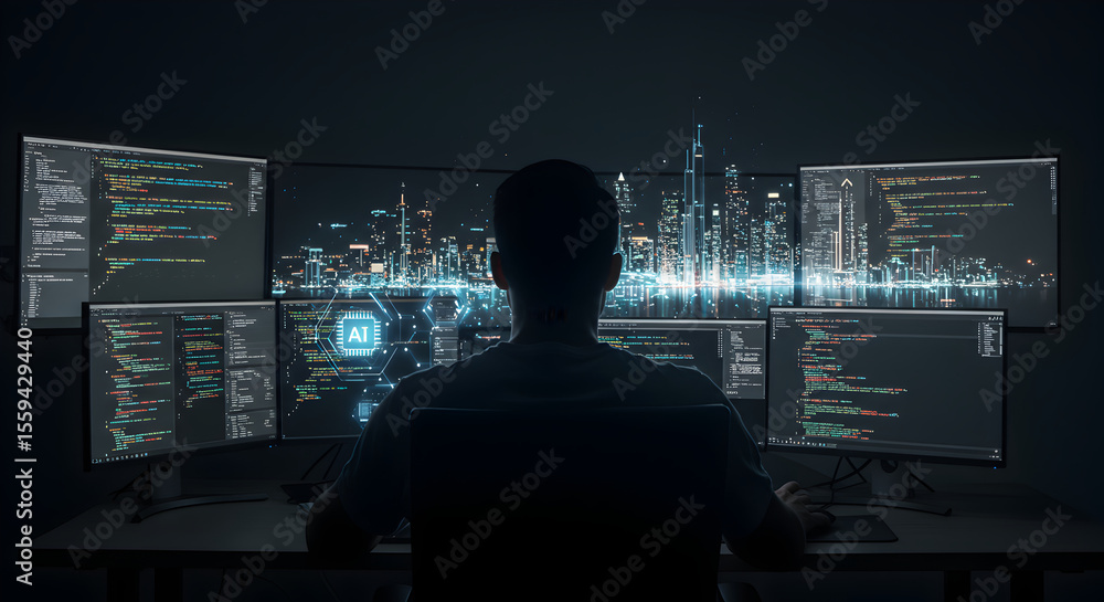 Poster a dedicated programmer works on advanced ai systems on multiple screens, overlooking a futuristic ci