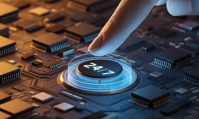 Human finger activating a glowing 24/7 button on an advanced circuit board, symbolizing constant digital service.
