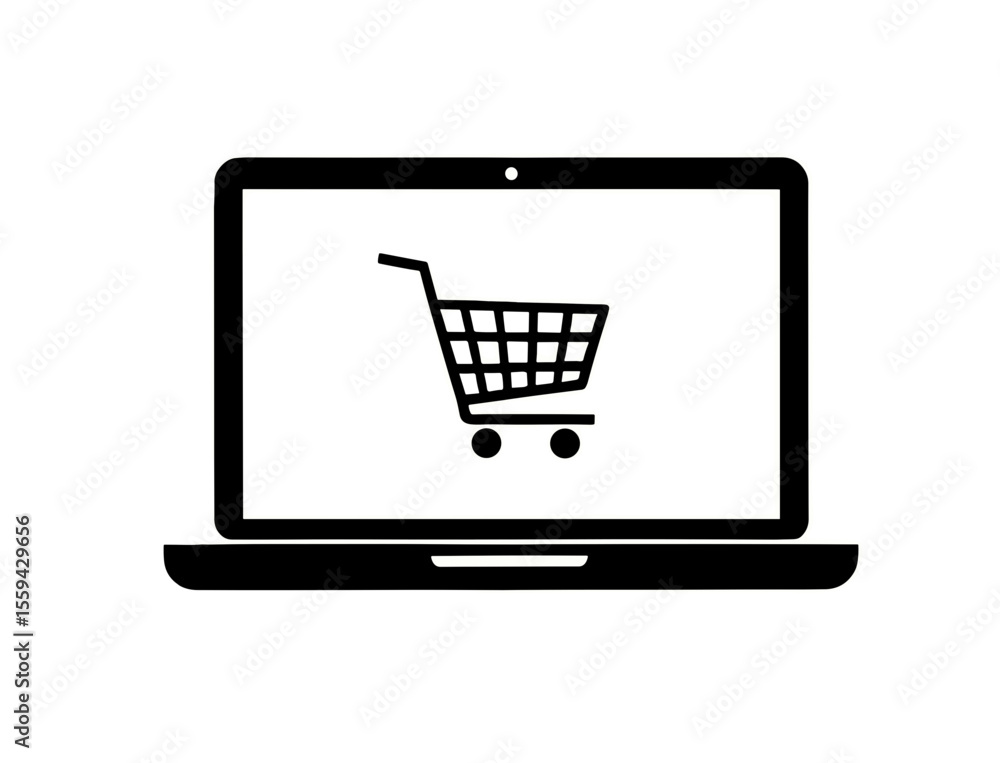 Poster laptop displaying a shopping cart icon suggesting online retail and e commerce transactions via the 