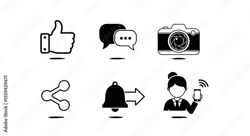 Poster collection of social media icons including like comment camera share notification and user holding p